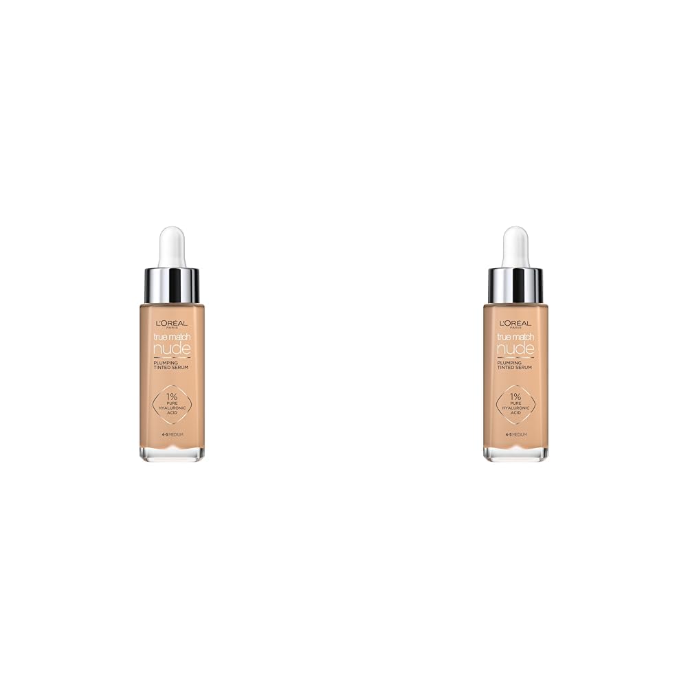 L'Oreal Paris True Match Tinted Serum Foundation, 1% Hyaluronic Acid, Hydrating Formula, Replumps Skin in 1 Hour for a Natural Glowing Finish, 30 ml, Shade 4-5 Medium (Pack of 2)