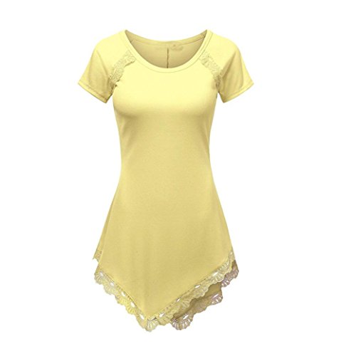 Meyerlbama Women Tee Plus Size Summer Women Short Sleeve Handkerchief Hem Lace Asymmetrical T-Shirt Casual Blouse Shirt Tops (2XL, Yellow) - Thumbnail 3