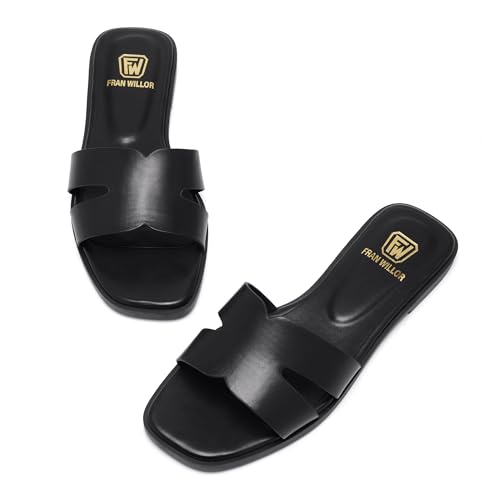 FW FRAN WILLOR Women's Flat Sandals Dressy Comfortable Slide Sandals Fashion Square Open Toe Slip On Beach Sandals for Summer