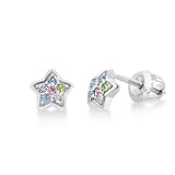 Kids Earrings 925 Sterling Silver with White Gold Toned Crystal Star Secure Screw Back Earrings