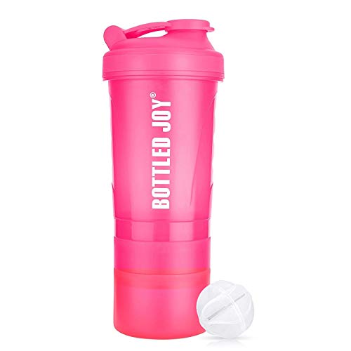 BOTTLED JOY Protein Shaker Bottle 20 oz Shake Mixer Bottle with Storage, 600ml Gym Water Bottle Mixer for Quick Easy Nutrition Supplement (Pink)