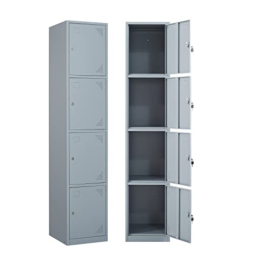 Yizosh 4-Door Metal Storage Locker – Tall Steel Cabinet With Lock, 15x17x71 Inches, Gray/Black, Ventilated, 4 Legs, For Gym, School, Office, Or Home Use, Assembly Required