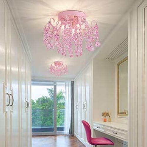 Q&S Mini Chandelier Crystal,Semi Flush Mount Pink Girl Chandelier, Small  Crystal Ceiling Light Fixture Bedroom
