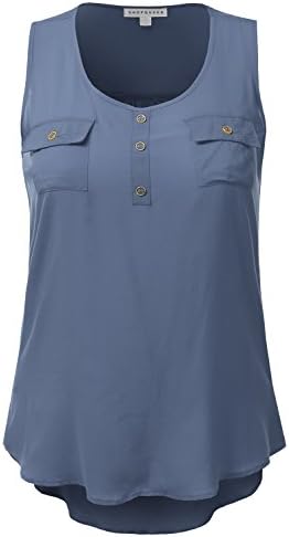 SHOPQUEEN Plus Size Button Down Front Sleeveless Tank Top With Chest Pockets Scoop Neck DUSTYBLUE 3XL