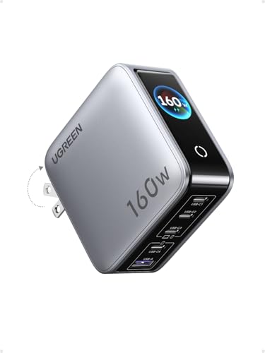 UGREEN 160W 5-Port GaN Charger, Smart Digital Display Screen with Touch Control, 4 USB-C Multi Port Fast Charging Adapter, PD USB C Wall Charger for Laptop MacBook, iPhone 17, GalaxyS26/S25, Pixel 10
