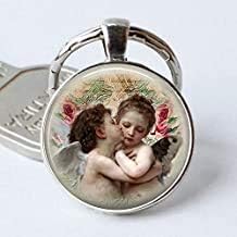 Angels Keychain Cherub Angel Wings by Bouguereau The First Kiss Romantic Art Keyring Cabochon Glass Key Chain Ring