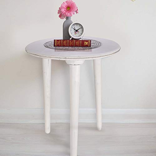 Wooden Table with 3 Legs Pillar, Coffee Table Wood, Modern Round Coffee Table, Side Tables, Entryway Table, Living Room Side Table for Magazines, Books and Plants-18x22 Inch Antique White