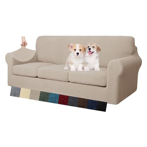 MAXIJIN 4 Pieces New Jacquard Sofa Cover for 3 Seater Super Elastic Non-Slip Pet Friendly Protector for Elastic Sofa (3 Seater, Khaki)