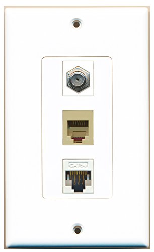 RiteAV - 1 Port Coax Cable TV- F-Type and 1 Port Phone RJ11 RJ12 Beige and 1 Port Cat5e Ethernet White Decorative Wall Plate