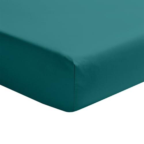 ESSIX - Plain fitted sheet in cotton percale, 30 cm corner, FIRST, 200 x 200 cm, Emerald Blue