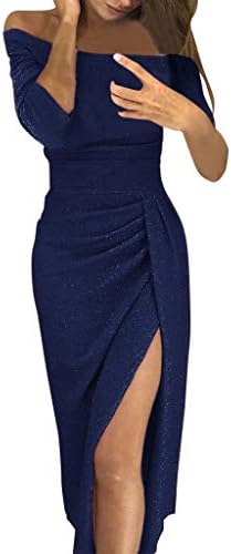 XILALU Women Sexy Off Shoulder High Slit Sequins Bodycon Dress, Long Sleeve Shinning Cocktail Wedding Formal Prom Dresses