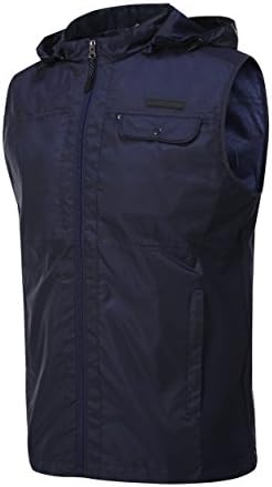Mens Casual Multi-Pockets Full-Zip Detachable Hood Vest For Outdoors Travels Sports (Navy Blue, US Large L (Tag XL))