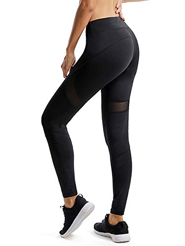 Women s mesh leather panel side high waist leggings skinny workou…