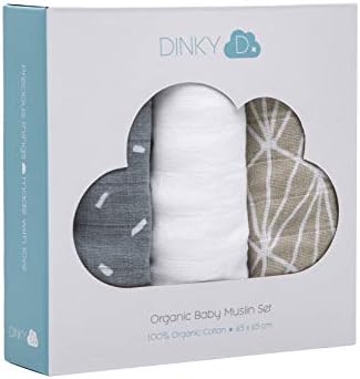Luxury Organic Muslin Squares by DINKY D – 25.6” x 25.6” - 100% Organic Cotton Pack of 3 – Perfect for burping, Feeding and Baby Shower Gift