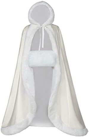 VILETKE Wedding Cape Women Hooded Cloak for Bride Reversible with Fur Trim & Hand Muff