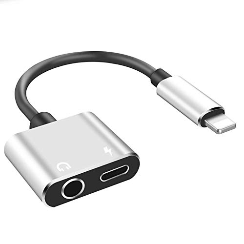 Headphones Adaptor for iPhone Xs/Xs Max/XR/ 8/8Plus/X(10)/7/7Plus to 3.5mm Jack Converter Car Charge Accessories Cables & Audio Connector 2 in 1 Earphone Splitter Adaptor Support All iOS Syste -Silver