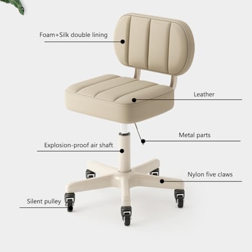 MOZOGOT PU Leather Rolling Stool with Back Rest Height Adjustable, Work Salon Drafting Swivel Task Chair with Wheels for Office Home 300lbs (Beige)