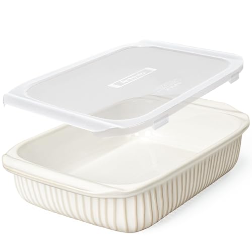 Artena Baking Dish 5.1 Quarts, Casserole Dishes For Oven, Baking Pan With Handles, Lasagna Pan Deep, Large Casserole Dish, Rectangular White Ceramic Bakeware (Baking Dish With Lids)
