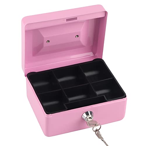 Small Cash Box with Key Lock, Portable Double Layer Steel Lockable Coin Money Storage Security Box(Pink)