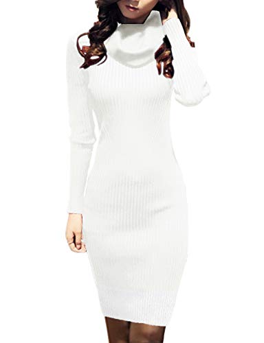 v28 Women Knit Cowl Neck Elastic Long Sleeve Stretchable Slim Knee Sweater Dress (Size10-16, White)