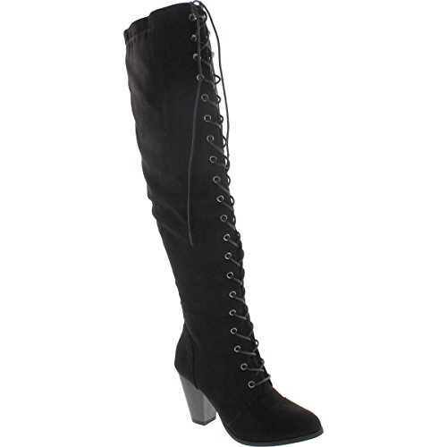 Forever Camila-48 Women's Chunky Heel Lace Up Over The Knee Brown High Riding Boots,Black Suede,7 at Amazon