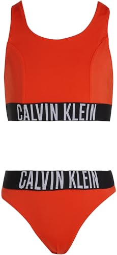 Calvin Klein Bikini Tipo Bralette de Dos Piezas Chicas con Logotipo en la Cintura, Rojo (Flaming Chili), 8-10 Años