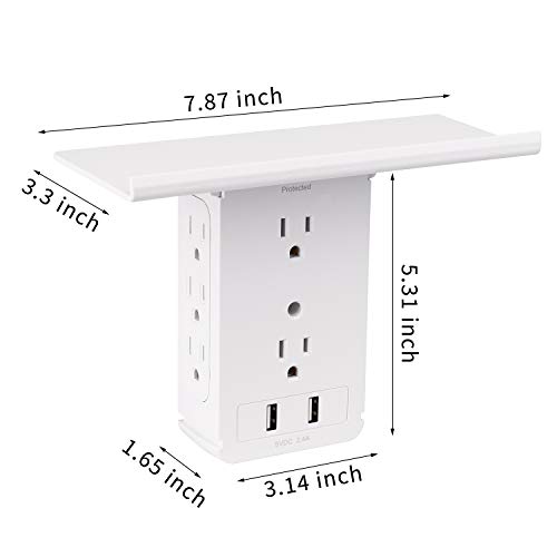 Socket Shelf-10 Port Surge Protector Wall Power Socket, 8 Power Socket Expanders, 2 USB Charging Ports and Removable Built-in Socket UL Certification(8AC&2DC, white) - Thumbnail 3