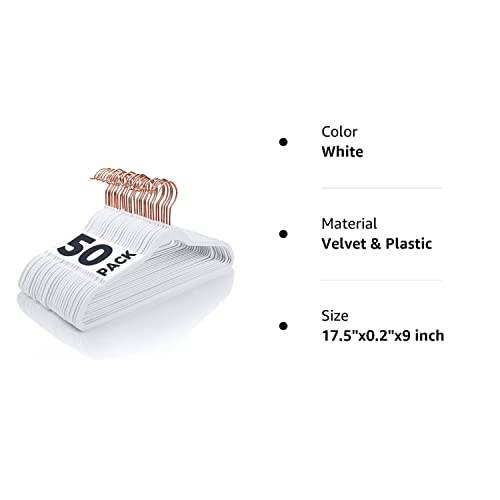 Smartor White Velvet Hangers 50 Pack Felt Hangers Non Slip Rose Gold