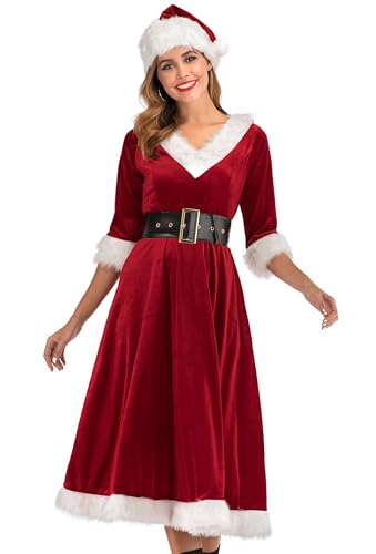 Cuteshower Mrs. Claus Costume Christmas Red Dress Cosplay Outfits for Women
