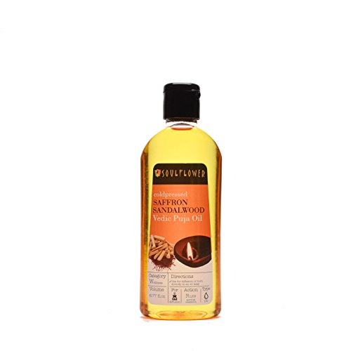 Saffron Sandalwood Vedic Puja Oil by Soulflower, 100% Pure and Natural Undiluted Ayurvedic Formulation,USFDA approved, Pure Sacred & Mystique for Altar & Lamps, 6.77 Fl.Oz, Vegan & Organic