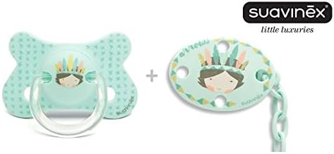 SUAVINEX "FUSION + SOOTHER CHAIN" Nr. 302890 - 1x Pacifier Soother Dummy + Soother Chain Anatomical Silicone Teat/ GREEN INDIAN (4-18m+)