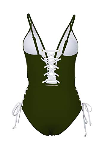 Almaree Lace Up Swimsuit for Women V Neck Criss Cross Cutout 1 Piece Swimwear Green M