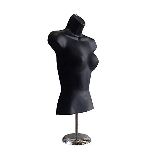 Female Mannequin Torso with Stand by EZ Mannequins, Body T Shirt Display, 8" Deluxe Metal Base, 18" to 36"H Table Top Manikin, Easy to Assembly and Transport. for Indoor or Outdoor displays. (Black)