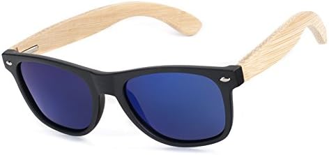 WOODYGAGA Polarized Bamboo Sunglasses UV400 Protection Eyewerar with Wooden Gift Box(Black-White, Blue Lens )