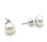 Real Genuine Fresh Water Pearl Silvery Earrings Stud Birthday Xmas Wedding Party (9-10mm, White)
