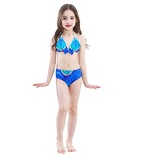 Kids Girls Sparkle Mermaid Tail with Monofin Swimmable Swimwear 4pcs Sets for Kids 3~10Years (140 (10-12 Years), A-Peacock Blue)