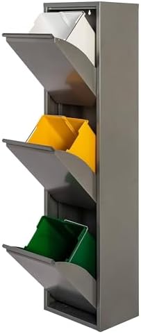 Cubo de basura y reciclaje Metálico de 3 compartimentos + 4 etiquetas magnéticas, 3x17L (51L) Gris brillo