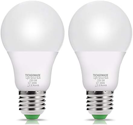 2 X E27 LED Sensor Light Bulb, 6W, Incandescent Equivalent 40W, Dusk to Dawn 3000k Warm White with 500lm, 240°Beam Angle, for Outdoor/Indoor Lighting Lamp in Porch, Hallway, Patio