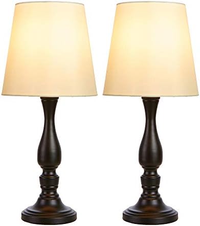 POPILION Set of 2 Black Metal Base Retro Bedside Desk Lamps,Vintage Table Lamps with White TC Fabric Shade,Night Light for Bedroom Living Room