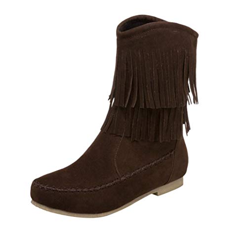 Click Here to See More Images Womens Winter Flat Boots | Fashion Tassel Mid-Calf Short Boot | Casual Low-Heels Boots Shoes (38/US:7, Brown)