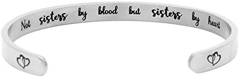 Friendship Gifts for Women Not Sisters by Blood But Sisters by Heart Double Heart Stamp Stainless Steel Cuff Bangle Bracelet