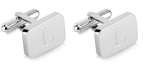 18K White-Gold Plated Initial Engraved Stainless Steel Men’s Cufflinks With Gift Box -Personalized Alphabet Letter’s A-Z By Lux & Pair