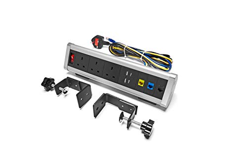 Removable Triangle Desktop Socket, gadgetpark Table Outlet with 3 UK Power, 2 USB Charger,3 CAT6 Port and 1 Power Switch, for Hotel/Office/Home(Silver)