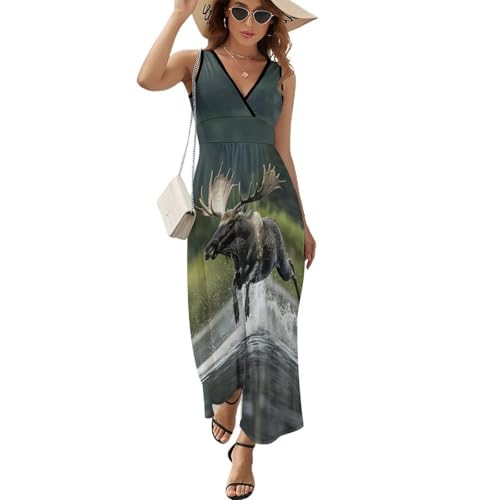 Running Moose in Water Women's Long Dress Sleeveless V Neck Casual Summer Maxi Vacation Beach Dresses