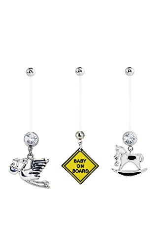 Bioflex Maternity Pregnancy Navel Belly Button Ring 3 Pack Stork, Baby On Board, Rocking Horse 14G