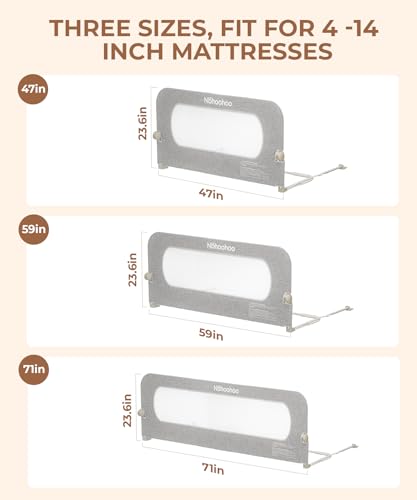 NBHOOHOO Toddler Bed Rail 71 Inch - Foldable Swing Down Bed Rails for Toddlers, Gap Free Double Crossbar Safety Bed Guard Rail for Kids, No Tool Install Fence for Twin Full Queen King Beds, Grey