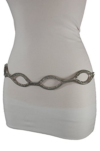 TFJ Women Fashion Belt Silver Mesh Metal Chain Hip Waist Beaded Oval Shape S M L