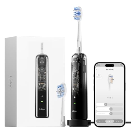 Laifen Wave Pro Electric Toothbrush with 60° WaveMotion & 66,000 Vpm, 70 Day Battery, Pressure Sensor & App Customizing, Seamless Design Ideal for Travel, Includes 2 Pro Heads (Transparent Black)