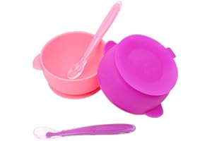 KingKam 2 Pack Baby Bowls with Suction, Silicone Stay up Baby Bowl for Kids and Toddlers, Silicone Bowls and Spoons for Baby Toddler Bowls, Baby Feeding Bowls Set - Pink/Purple