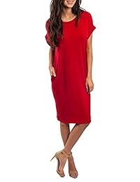 Wudia - Vestido de manga corta para mujer, cuello redondo, con bolsillos